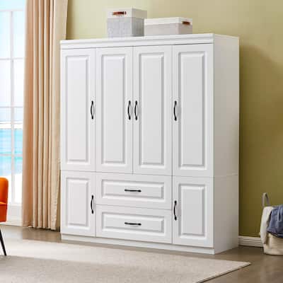 4 Door Armoire Wardrobe Closet with Drawer and Hanging Rod, Wooden Black Bedroom Armoire Closet, 70.87" H x 61.42" W x 20.47" D