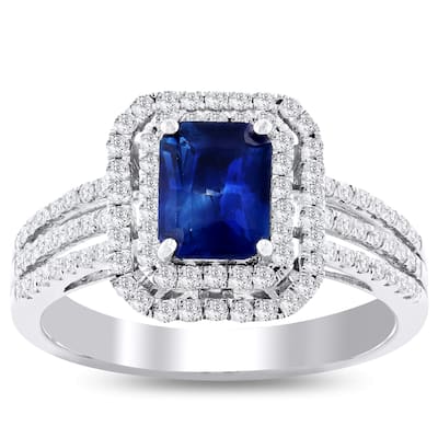Auriya 18k White Gold 1 1/10ct Emerald-Cut Blue Sapphire and 1/2ctw Halo Diamond Engagement Ring