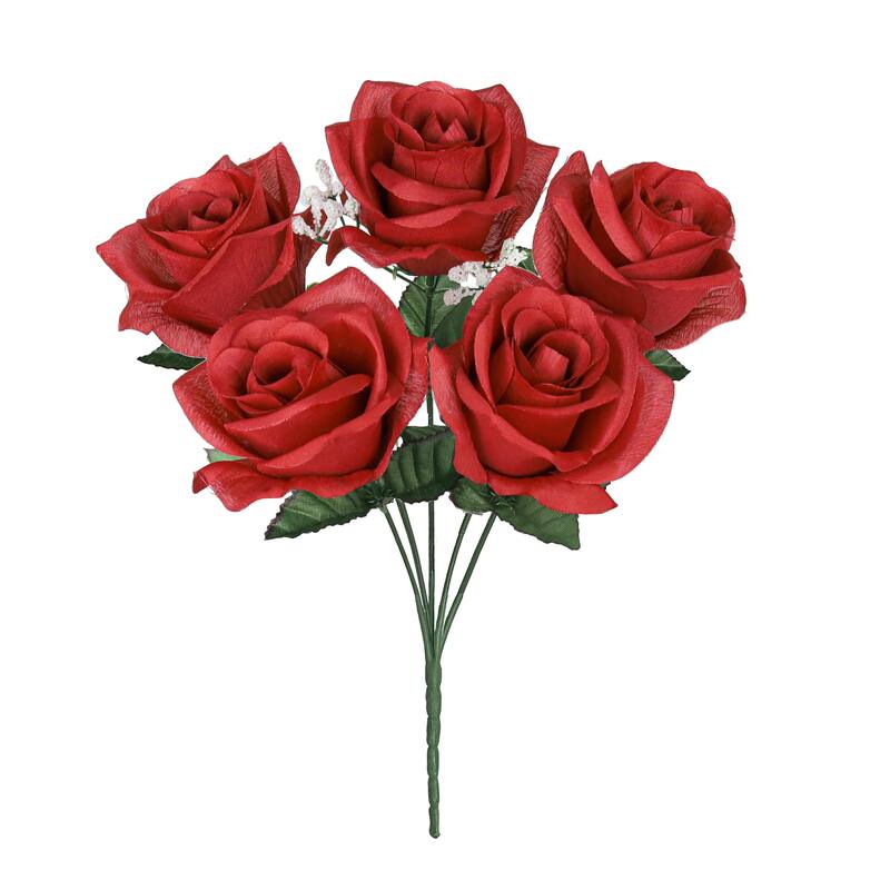 Set of 12 Red Artificial Open Rose Flower Stem Bush Bouquet 14in - 14" L x 7" W x 7" DP