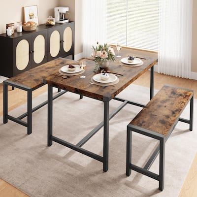 Dining Table Set for 4, Kitchen Table with 2 Metal Wood Benches