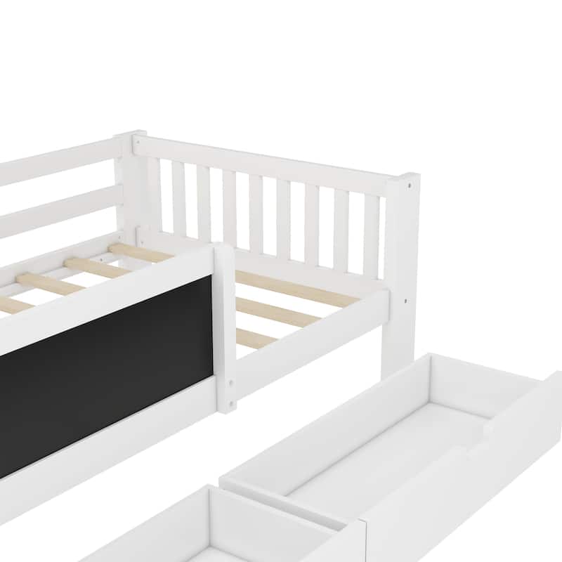 Childlike Fun Solid Wood Low-profile Platform Bed Storage Bed Frame with Side Chalkboard, Open Shelves, Drawers and Guardrails