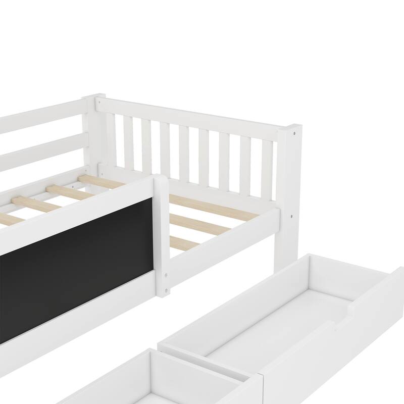 Roomfitters Platform Bed with Chalkboard Headboard, Storage Drawers and Shelves, Solid Wood Frame