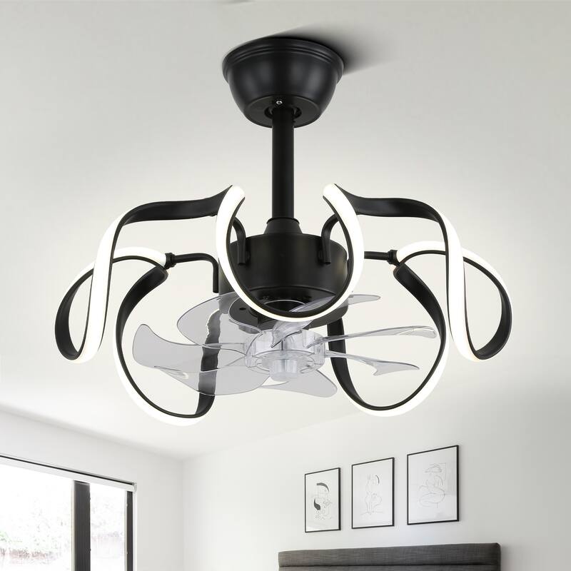 Oaks Aura 20in.Futuristic Modern Flush Mount Ceiling Fan with Light,6-Speed Low Profile Smart APP Control Ceiling Fan w/ Remote - 19in-Downrod - Black
