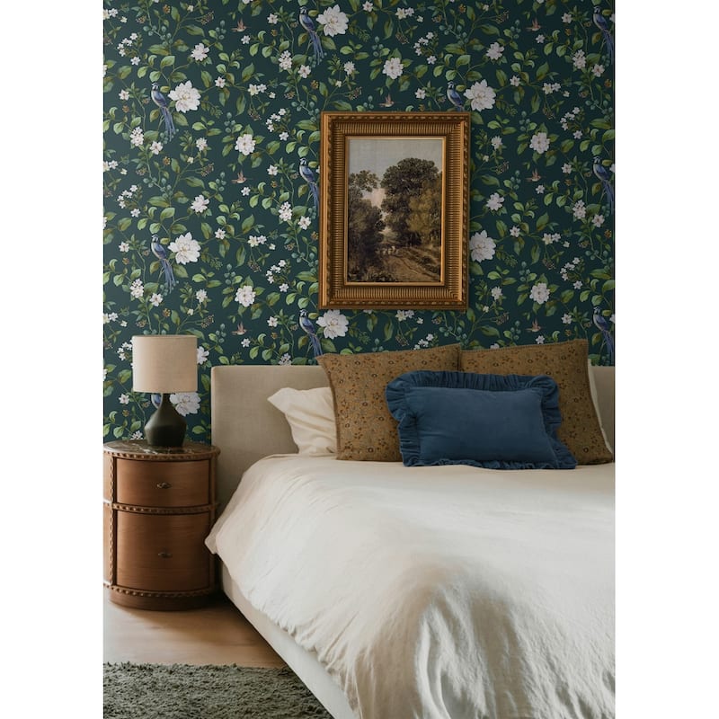 Daisy Bennett Designs Chinoiserie Bird Vine Premium Matte Non-Woven Peel and Stick Wallpaper