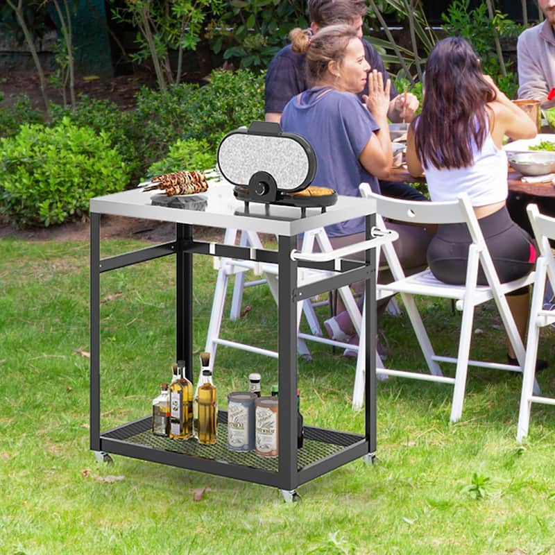 Gymax 2-tier Stainless Steel Grill Cart w/ Wheels & Handle 4 Hooks