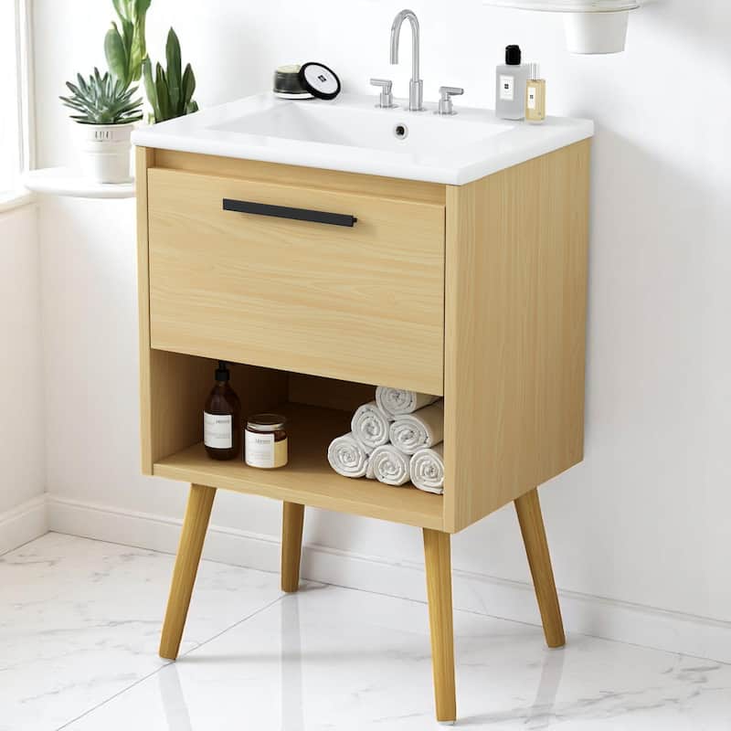 24" Freestanding Bathroom Vanity with Sink Combo, Solid Wood Legs, Multi-Functional Drawer, Natural Finish - Natural