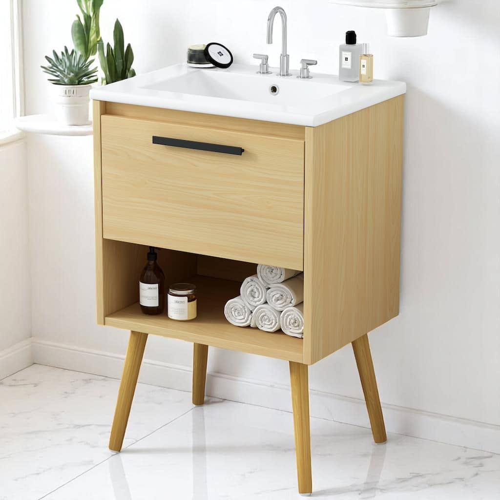 24" Freestanding Bathroom Vanity with Sink Combo, Solid Wood Legs, Multi-Functional Drawer, Natural Finish
