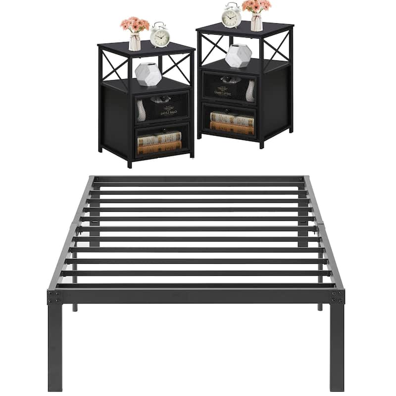 3 Piece Bedroom Set, 14.2-Inch Metal Bed Frame with Nightstand set of 2 - Black - Twin