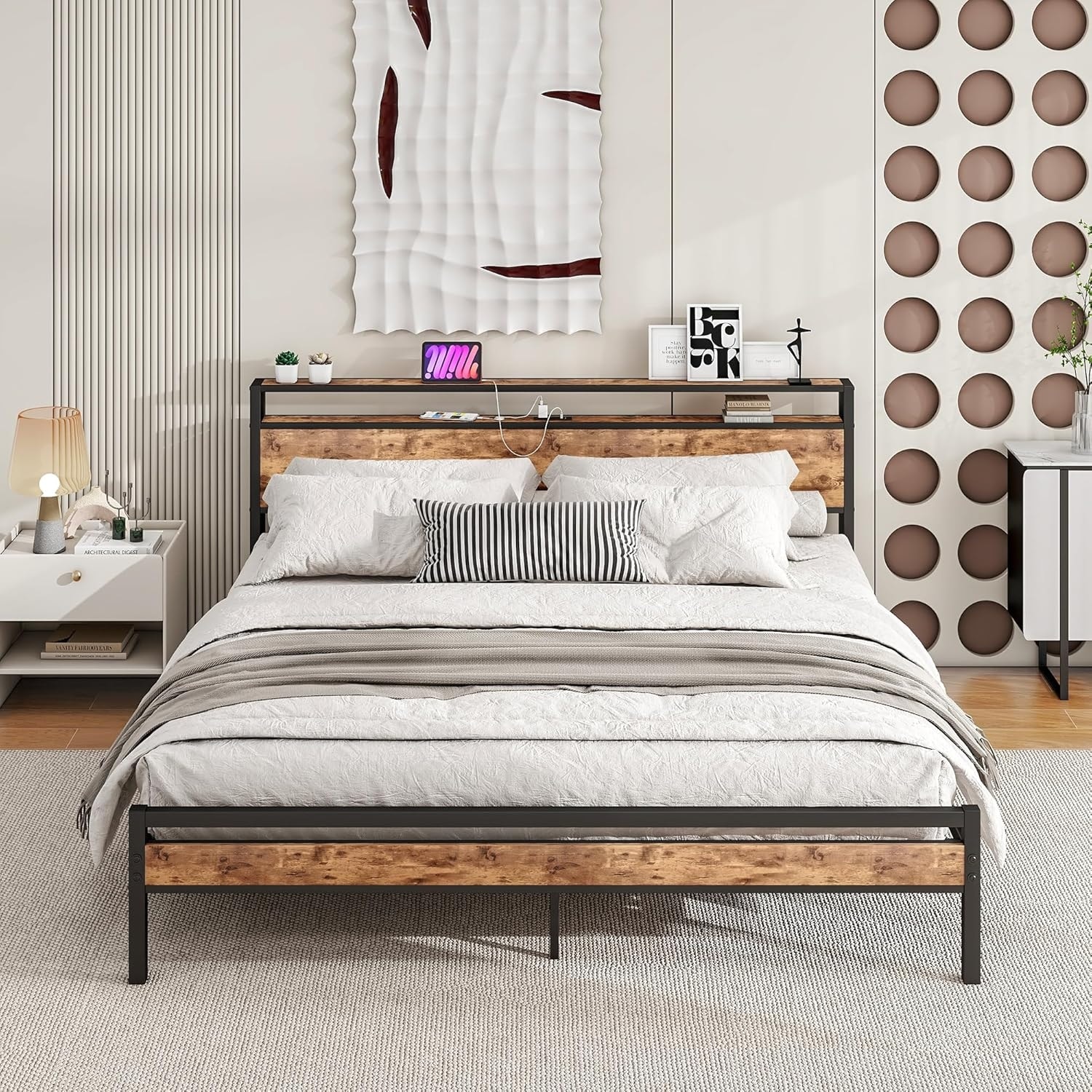 King Size Bed Frame with Storage Headboard, USB Charging Station, Sturdy Design, Easy Assembly, Brown