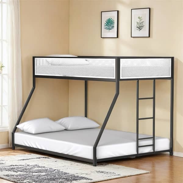 slide 2 of 7, Twin Full Bunk Bed Metal w/Mesh Guard Rail for Kids&Adult,Low Profile