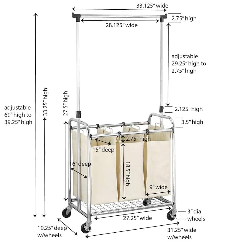 Household Essentials 3-Bag Laundry Sorter with Clothes Rack - 19.3"L x 33.1"W x 69.0"H