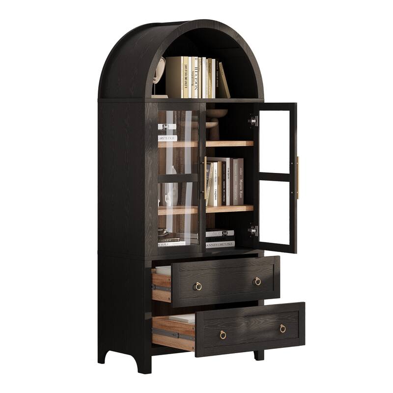 Anmytek 71" Arched Tall Pantry Cabinet, Glass Doors & 2 Drawers, Modern Farmhouse Storage Cupboard, Black