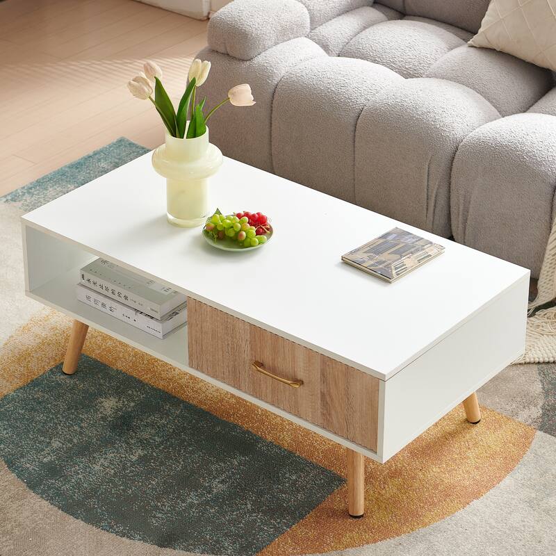 Rectangle Coffee Table with Solid Wood Legs, Sliding Drawer for Storage, Modern Table for Living Room