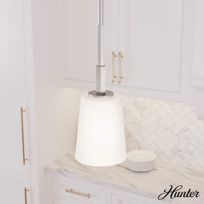 Hunter Nolita 1 Light Pendant, Kitchen Island, Dining Room, Contemporary, White Glass Shade - 5" Mini - Brushed Nickel