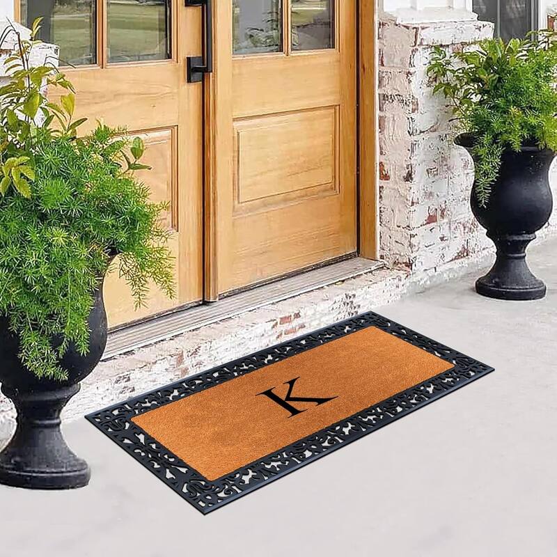 A1HC Rubber and Coir Paisley Border Heavy Duty Non-Slip Durable Double Door Monogrammed Doormat 30"X60", Black