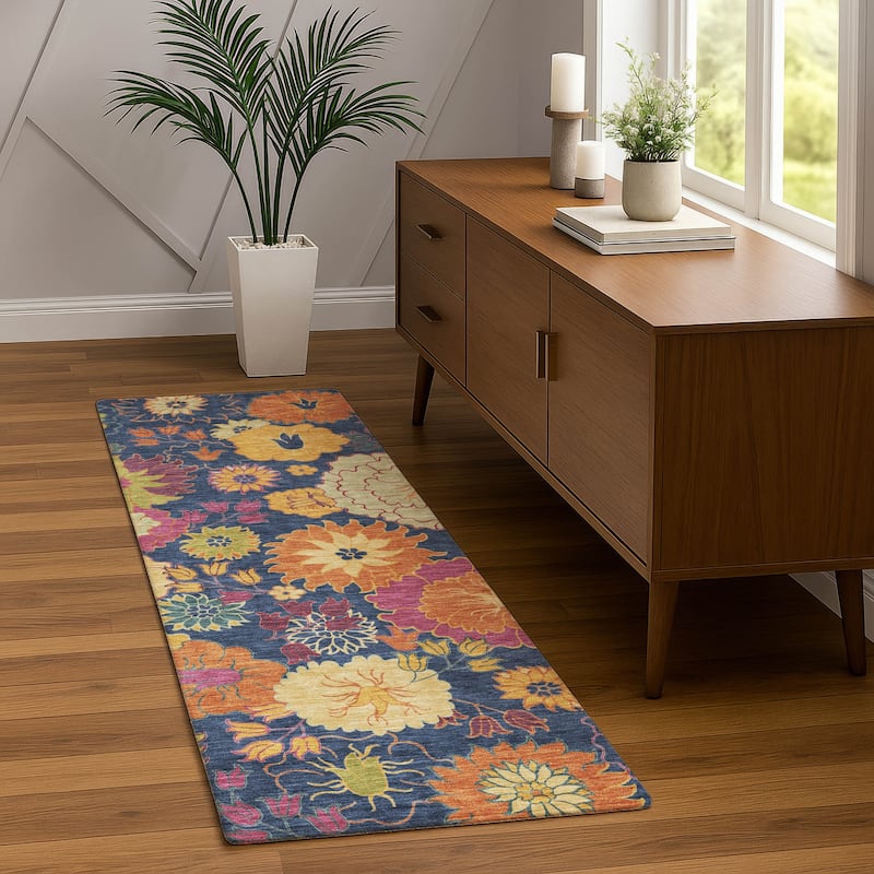 Machine Washable Indoor/ Outdoor Modern Floral Chantille Rug