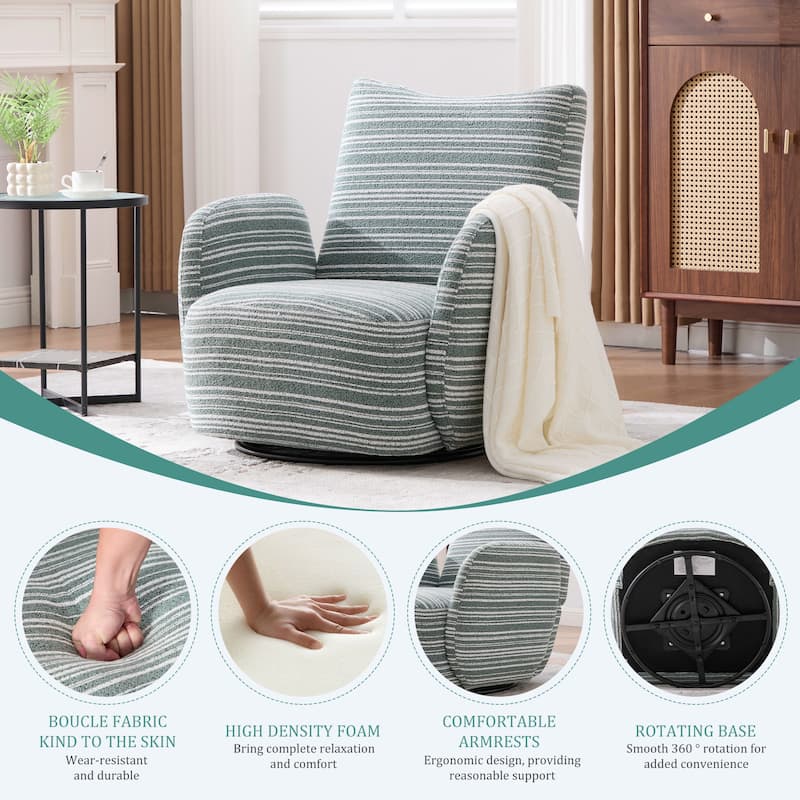 HOMEFUN Boucle Upholstered 360° Swivel Fabric Striped Armrest Leisure Chair for Living room and Bedroom