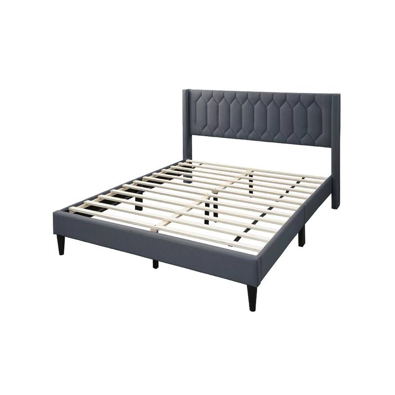 Liana Full Bed, Tufted Charcoal Gray Burlap Upholstery, Foam Padding