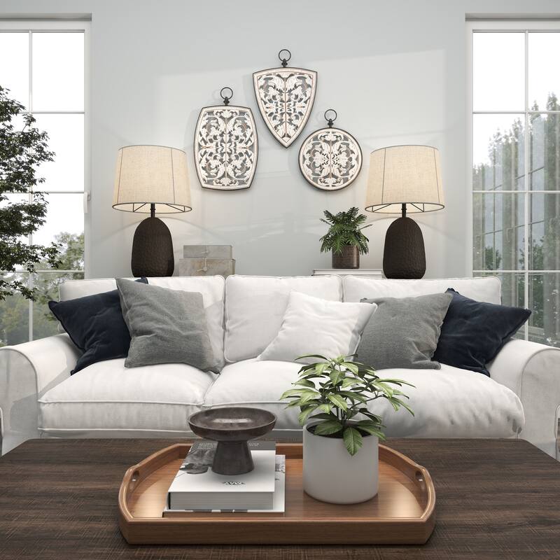 White Wooden Carved Design Floral Home Wall Decor with Ring Hanger (Set of 3)