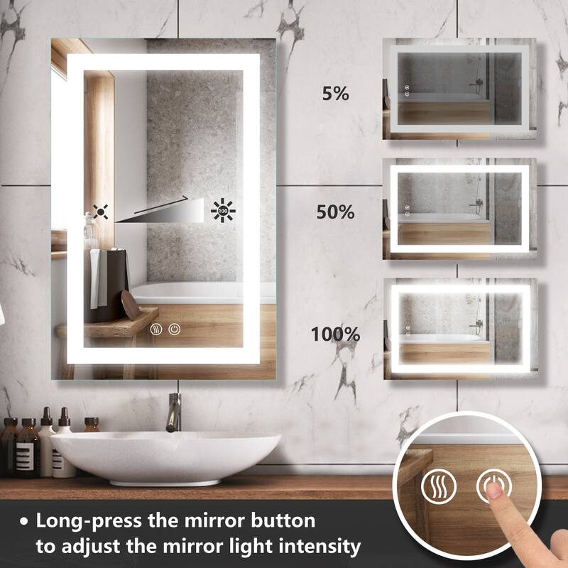 LED Bathroom Vanity Mirror Wall Mounted Anti-Fog Dimmable Mirror with 2 Buttons Vertical & Horizontal Hang