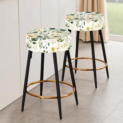 Designart - Botanical Wanderlust Green And White - Upholstered Boho Bar Stools Set of 2 - Bohemian Bar Stool 2 Pieces
