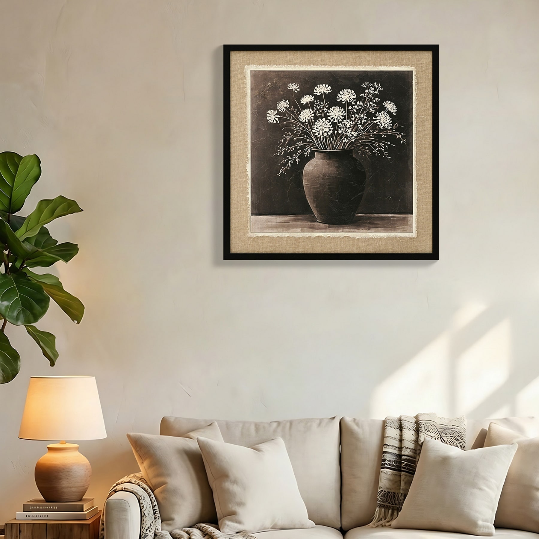 Abstract Flower Bouquet Wall Art, white flower in a rustic clay pot Painting Blossom Picture Prints on Linen for Bedroom