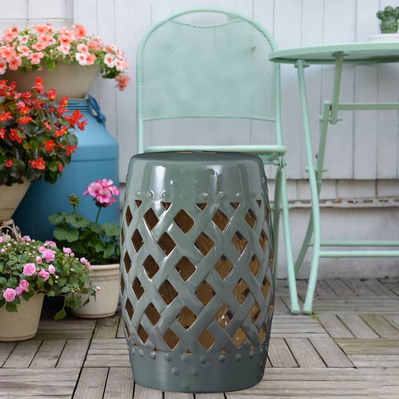 Outsunny 13" Heavy Duty Multi-Use Ceramic Garden Stool / Round Side Table / Foot Rest with Lattice Ring Design Green - Ceramic - Green