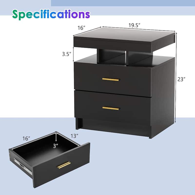 1/2PCS LED Nightstand w/ 2 Drawers Adjustable Light Remote Control