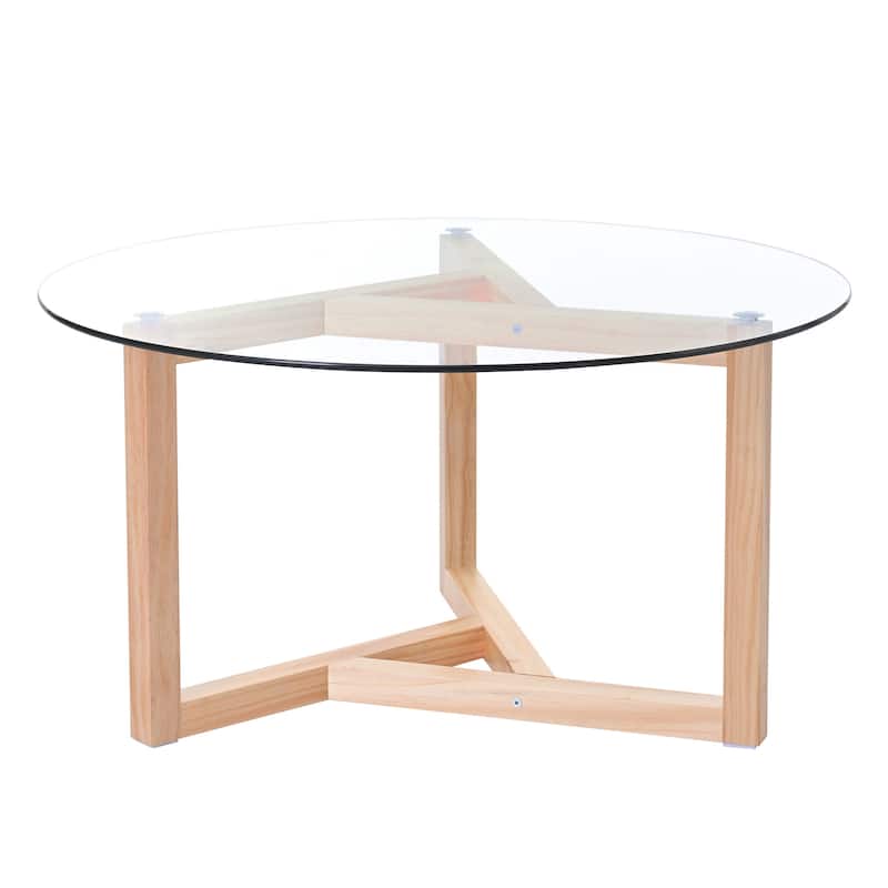 Modern Wood Round Coffee Table with Geometric Legs ,Glass Top