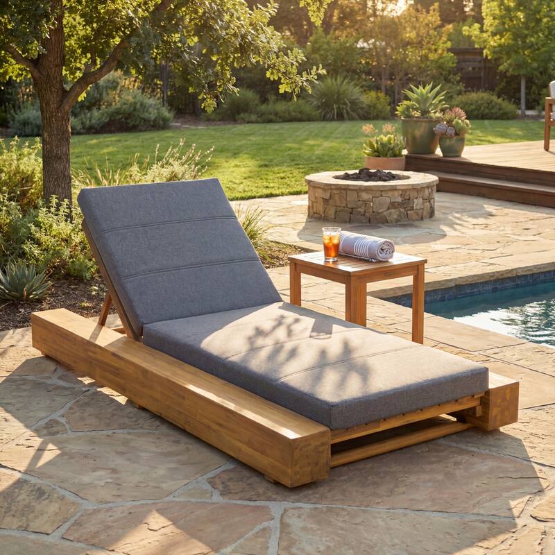 Christopher Knight Home - Amedea Outdoor Acacia Wood Chaise Lounge with Adjustable Backrest & Water-Resistant Cushion - 1-Piece-Grey+Teak Finish