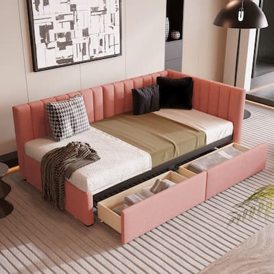 Pink Linen Twin Upholstered Daybed with Storage Drawers - No Box Spring Required