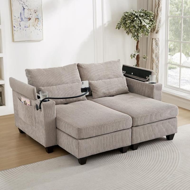 63" Corduroy Convertible Loveseat Sofa Bed with USB Ports, Two Cup Holders, A Phone Holder for Living Room - Brown