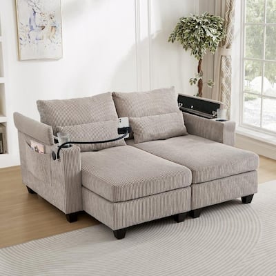 63" Corduroy Convertible Loveseat Sofa Bed with USB Ports, Two Cup Holders, A Phone Holder for Living Room
