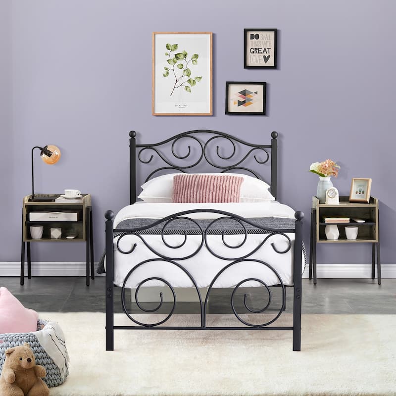 Taomika 3-Pieces Bedroom Sets with Black Bed Frame 2-Pack Stackable Brown Gray Nightstands - Grey Nightstands - Twin