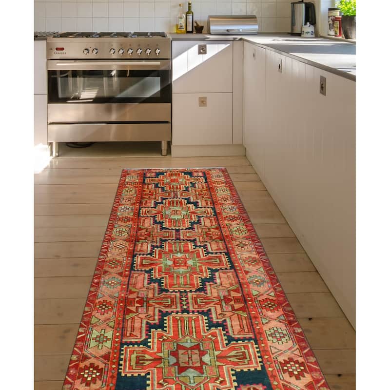 Fine Vintage Distressed Amal Red/Navy Runner - 3'2" x 9'9"
