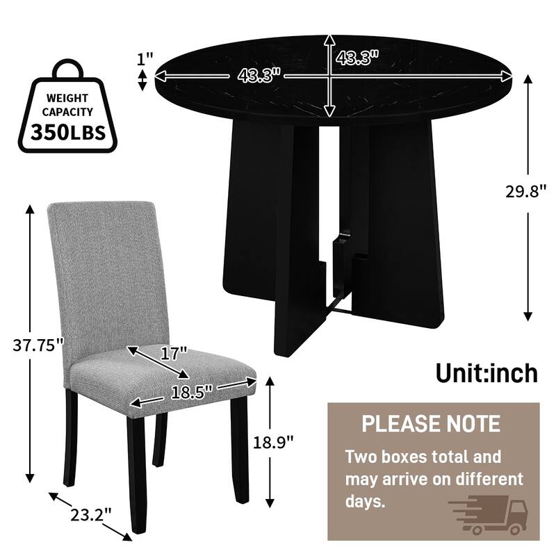 Modern 5-Piece Round Dining Set, 43-Inch Dining Table & 4 Upholstered Chairs, Farmhouse, Mid-Century Style for Dining Room
