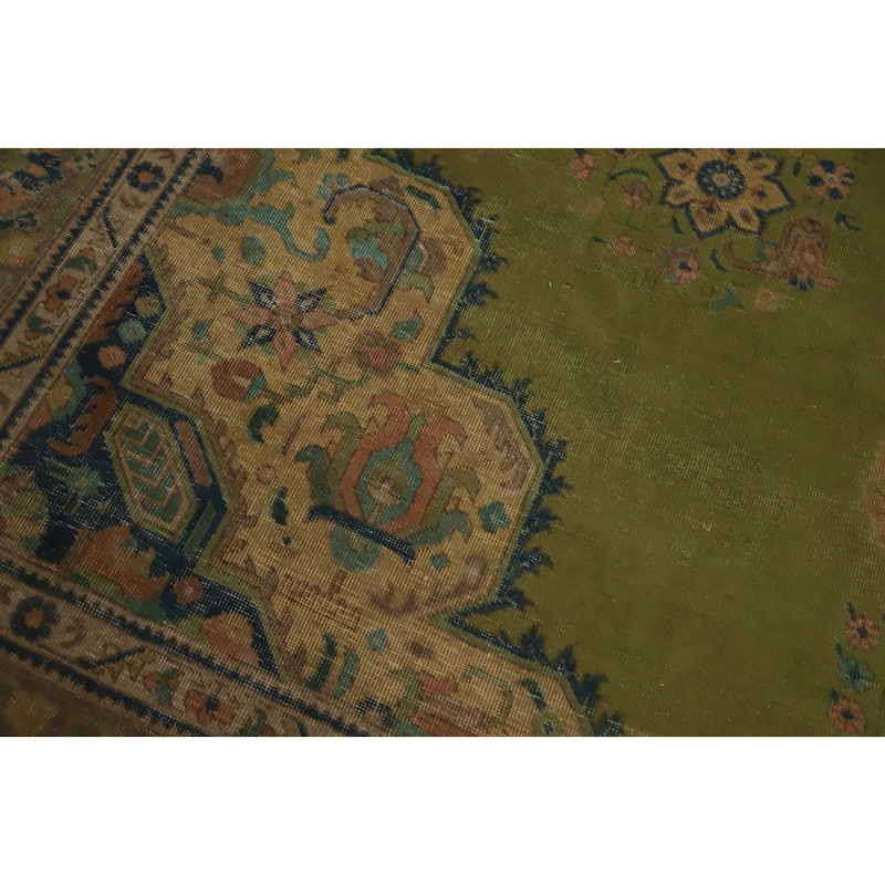 Hand Knotted Oriental 100% Wool Carpet Traditional Medallion Green Tabriz Area Rug - 12' 6'' X 9' 7''