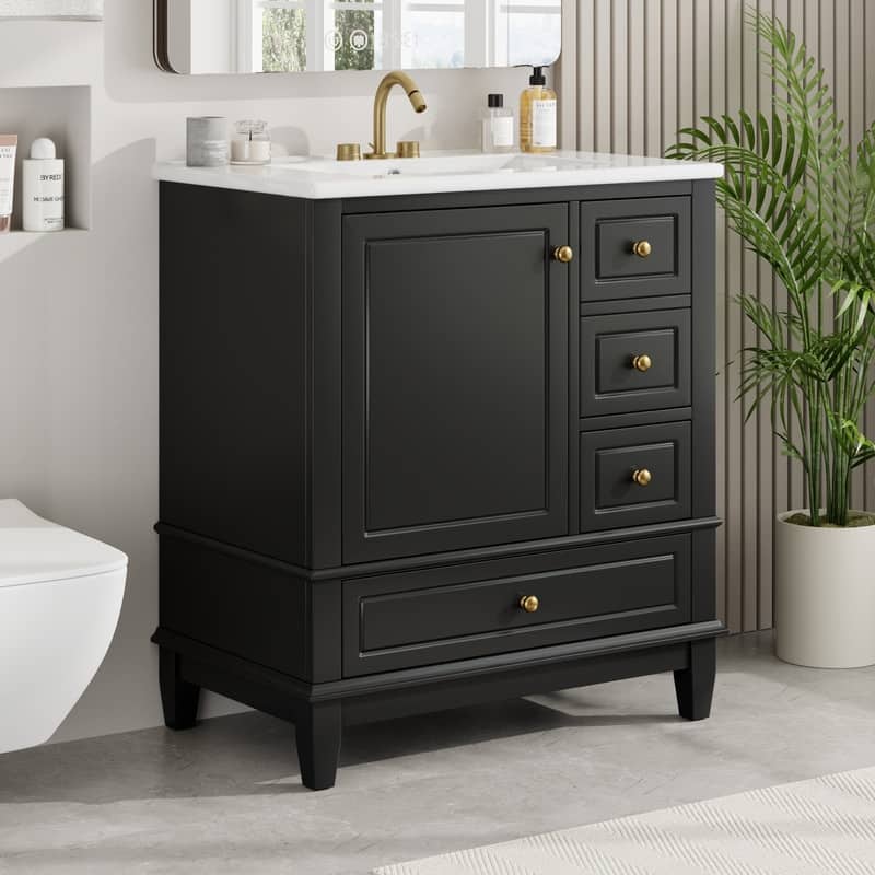 30-Inch Bathroom Vanity With Sink, One Door With Shelf And Three Drawers, Soft-Close Door. - 30" - Black