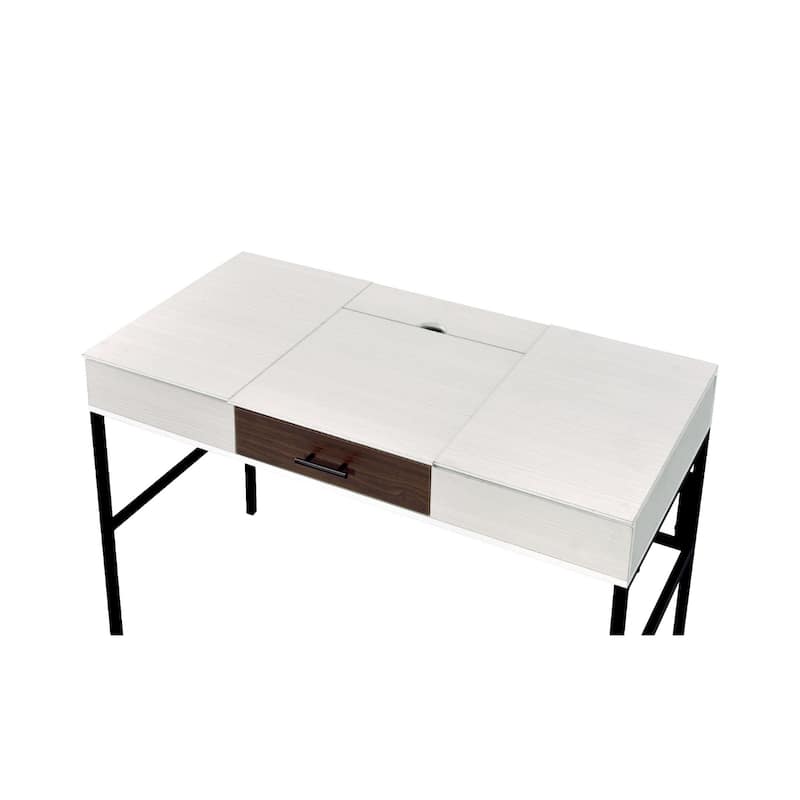 Wood Writing Desk with USB Port, Drawer and Black Metal Base