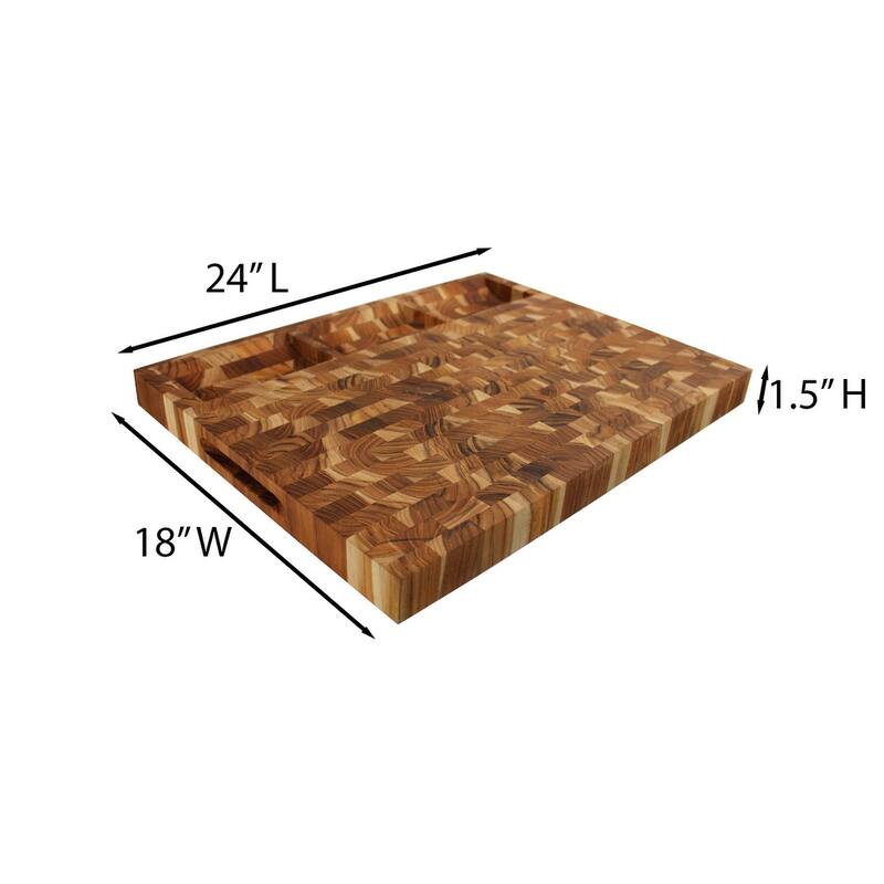 EcoDecors FSC Certified Teak Cutting Board 24" x 18", XL End Grain Butcher Block with Juice Groove, Side Handles