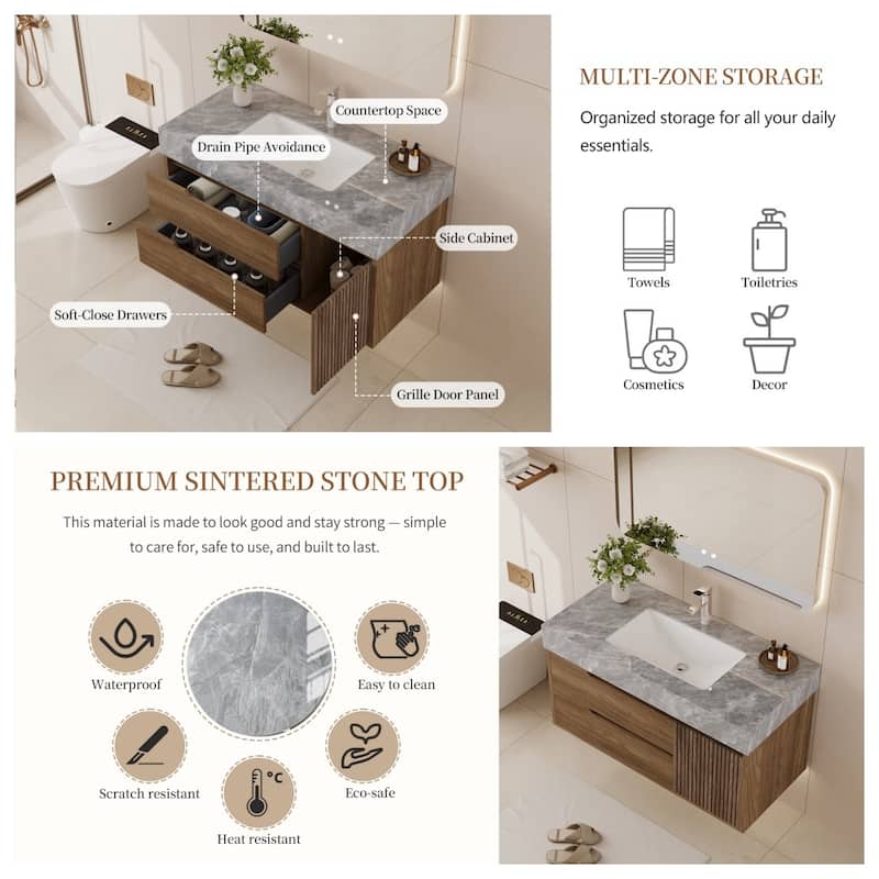 36"Mid Century Modern Wall-Mounted Bathroom Vanities,Single Sink,Brown Wood Texture with Sintered Stone Table top
