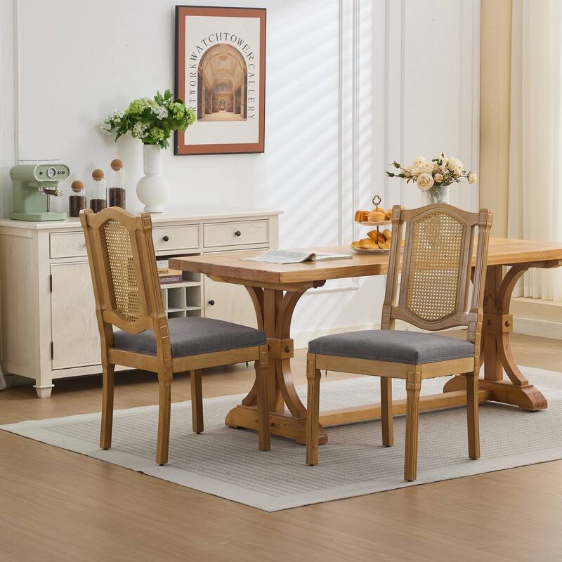 Roomfitters French Country Dining Chairs Set of 2 with Rattan Back and Upholstered Seat, Farmhouse Wood Side Chairs