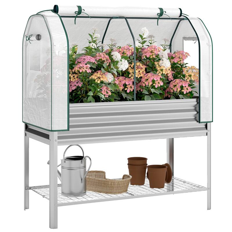 Outsunny Galvanised Raised Garden Bed with Greenhouse Cover, Metal Elevated Garden Bed with Legs, Bed Liner and Bottom Shelf