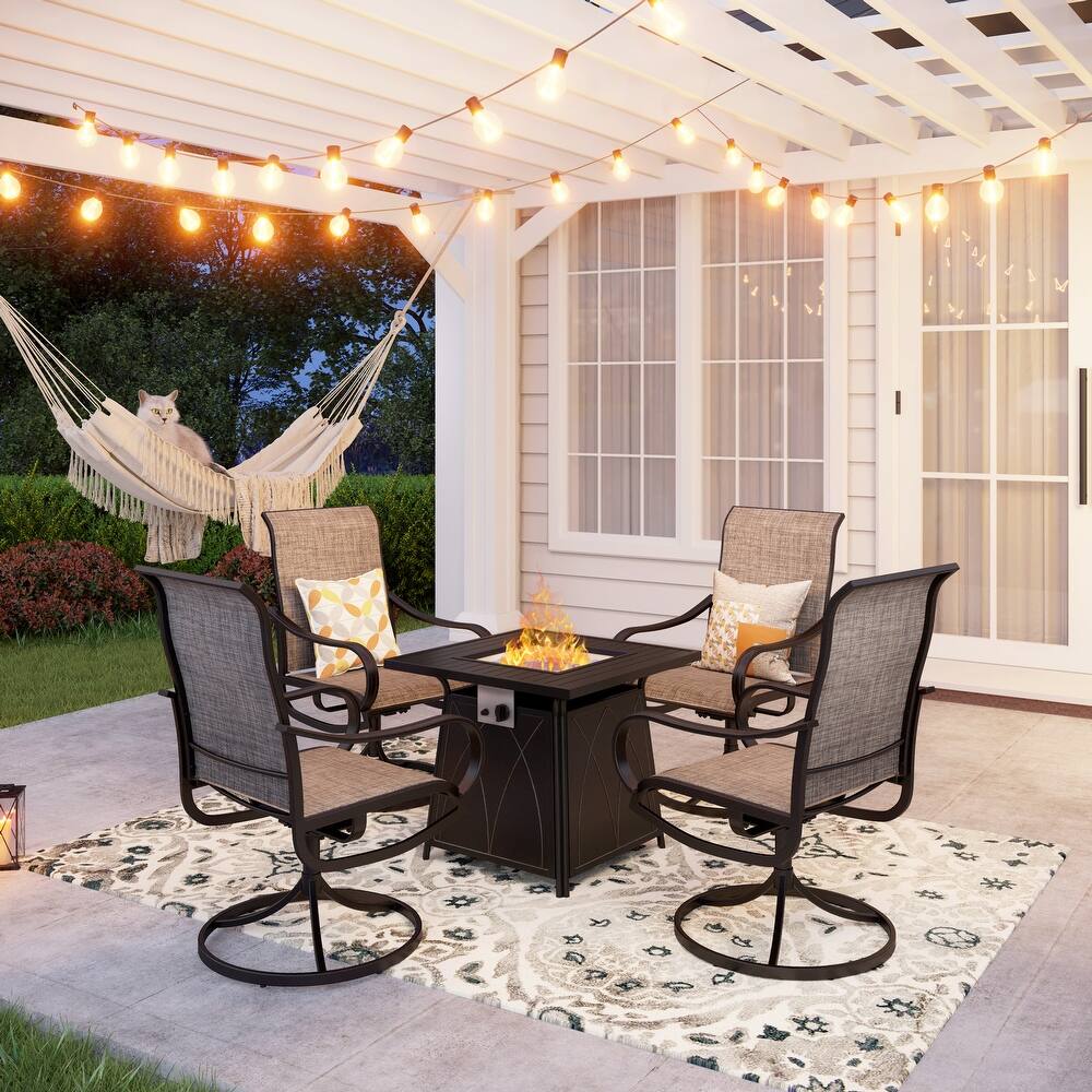 MAISON ARTS 5 Piece Outdoor Patio Dining Fire Pit Set, 4 Textilene Swivel Chairs and 28 inch Steel Striped Square Fire Table