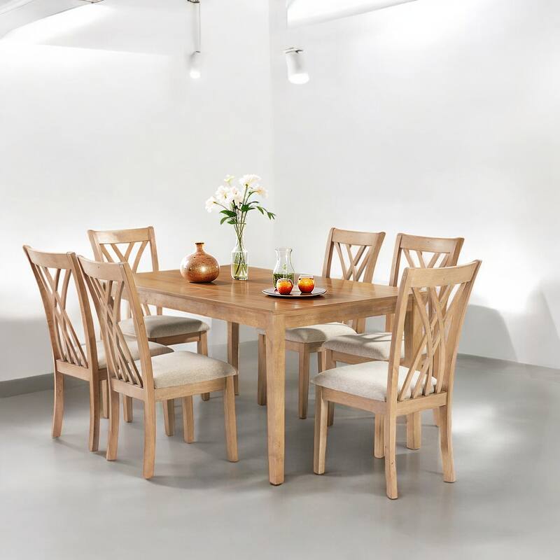 Modern 7-Piece Dining Table Set with 6 Wooden Chairs, 60" Rectangular Oak Table, Solid Wood Kitchen & Dining Room Furniture