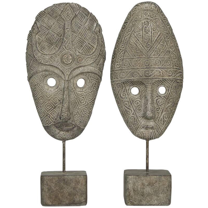 Polystone Mask Handmade Carved Decorative Sculpture - Set of 2 Gray - Roche River Decor - Gray