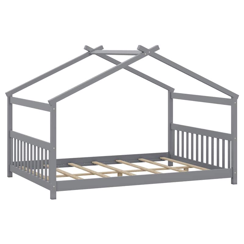 Full Size Kids Wooden House Design Platform Bed Montessori with Headboard and Footboard
