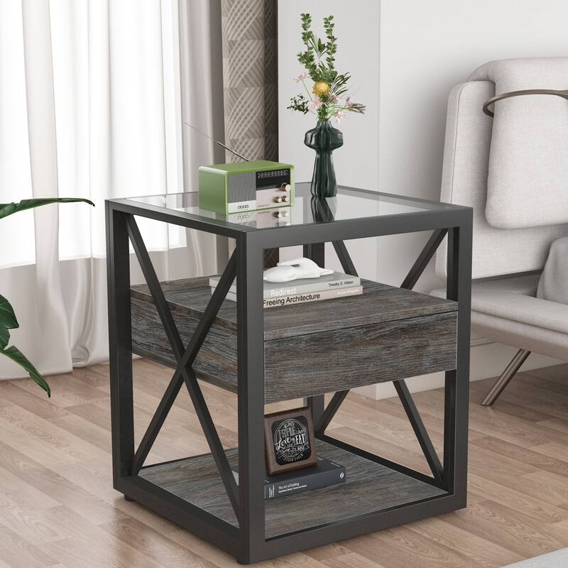 1 piece Modern End Table with Drawer - Nightstand,Rustic Wood Grain MDF& Tempered Glass Top,Industrial Style Side Table - Wood