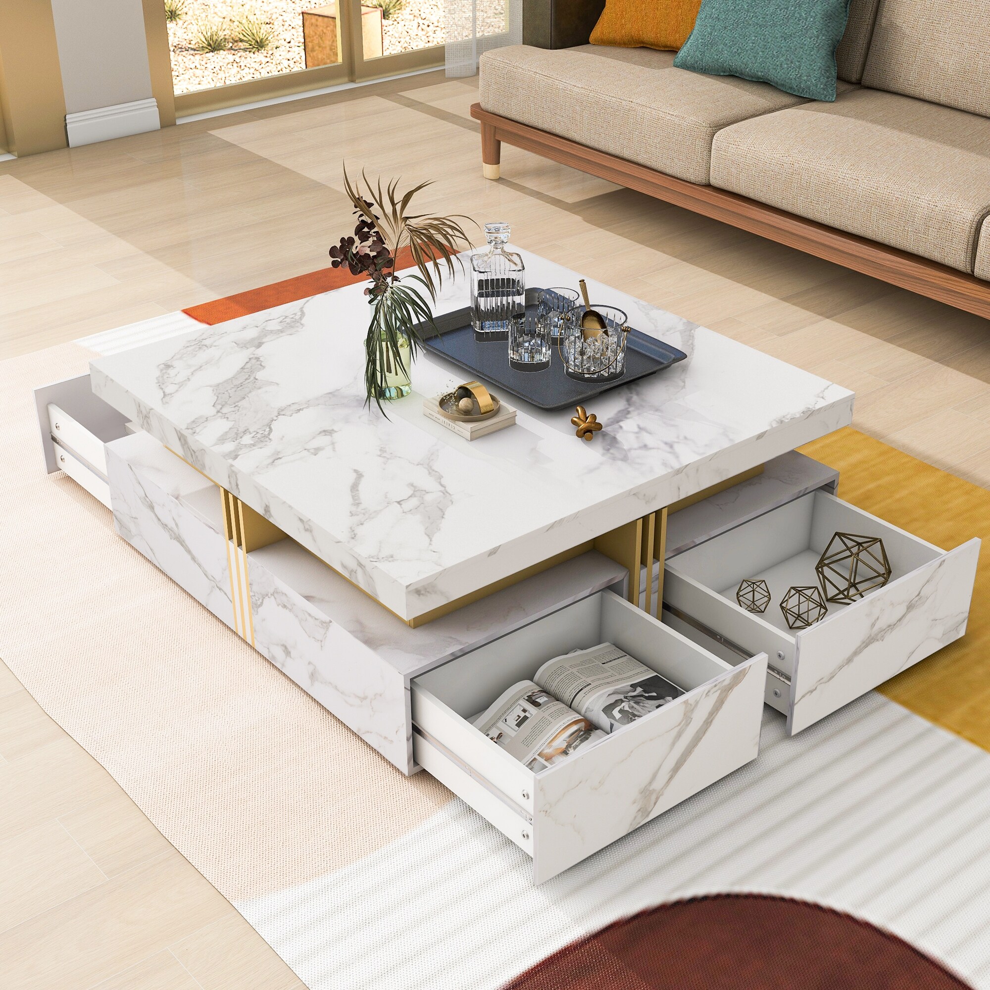 Modern High Gloss Coffee Table with 4 Drawers Luxus Tea Table with Storage Center Tables Hidden Compartment Open Shelve On Sale Bed Bath Beyond 40165138