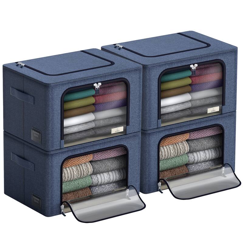 Sorbus Storage Bins with Metal Frame Stackable Foldable Clothes Organizer Bags Oxford Fabric With Clear Window & Handles- 4Pk - Blue